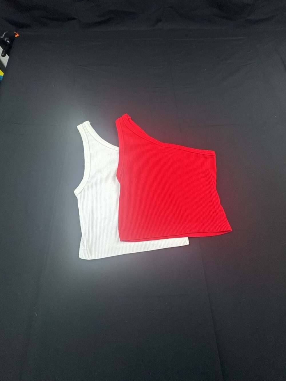 Ambiance Ribbed One Shoulder Crop Tank Top Set of 2 White and Red Size S/M